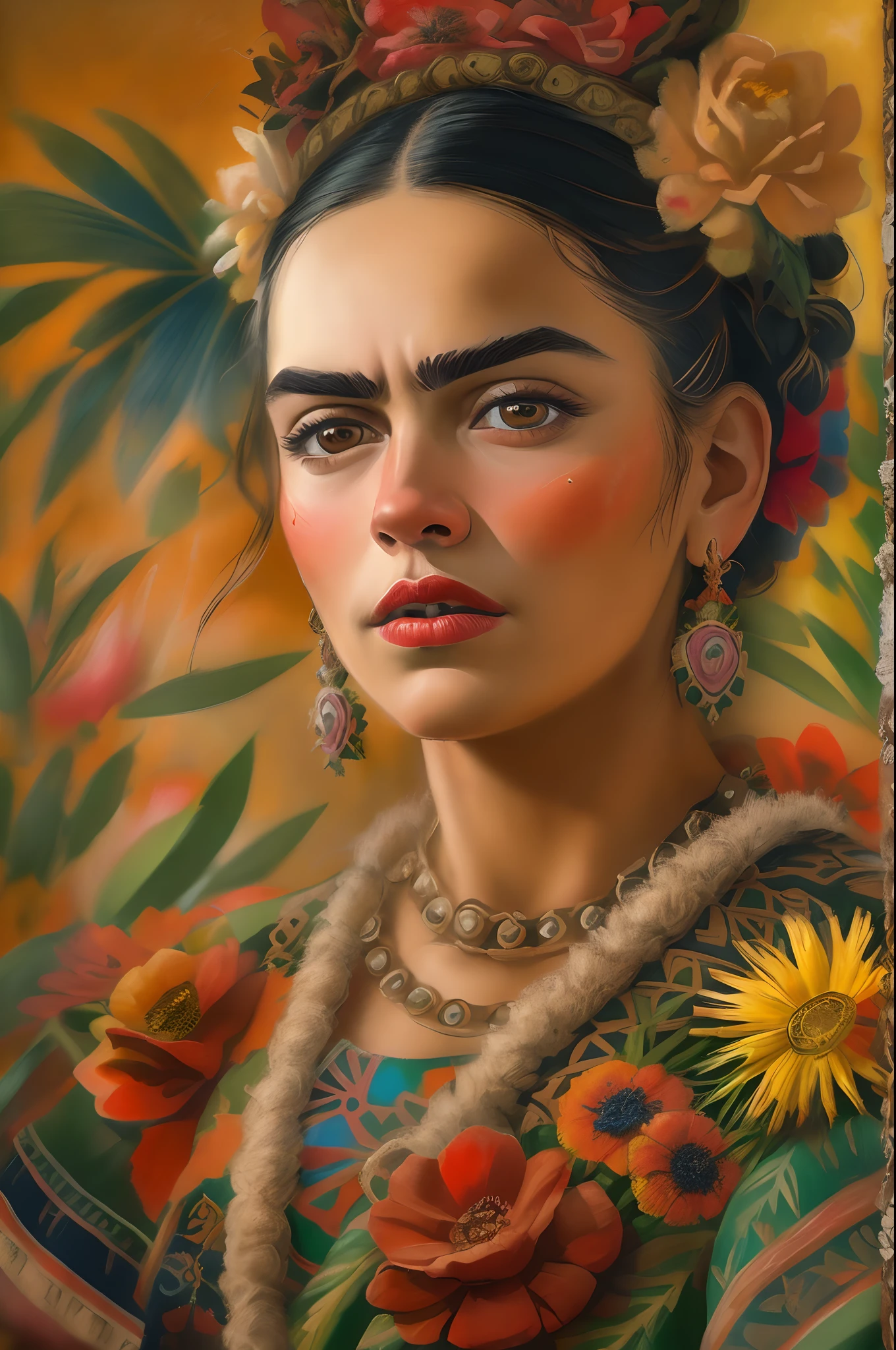 (best quality,8k,full HD,high-res:1.2),vibrant colors, realistic,portrait,art pop,[Frida Kahlo],detailed face,detailed eyes,detailed lips,expressive eyes,expressive face,exquisite brushwork,signature flowers,rich and vivid colors,classic art style,beautifully detailed hair,traditional Mexican attire,subtle lighting effect,professionally crafted image,artistic composition,Latin American culture,Tehuana dress,flowers in the background,colorful surroundings,captivating expression,emotional intensity,historical significance,no background noise,natural skin tones,dramatic effect,depth and dimension,vibrant brushstrokes,artistic interpretation