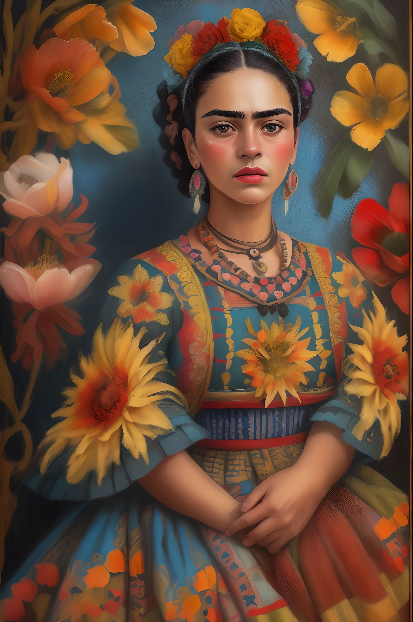 (best quality,8k,full HD,high-res:1.2),vibrant colors, realistic,portrait,art pop,[Frida Kahlo],detailed face,detailed eyes,detailed lips,expressive eyes,expressive face,exquisite brushwork,signature flowers,rich and vivid colors,classic art style,beautifully detailed hair,traditional Mexican attire,subtle lighting effect,professionally crafted image,artistic composition,Latin American culture,Tehuana dress,flowers in the background,colorful surroundings,captivating expression,emotional intensity,historical significance,no background noise,natural skin tones,dramatic effect,depth and dimension,vibrant brushstrokes,artistic interpretation