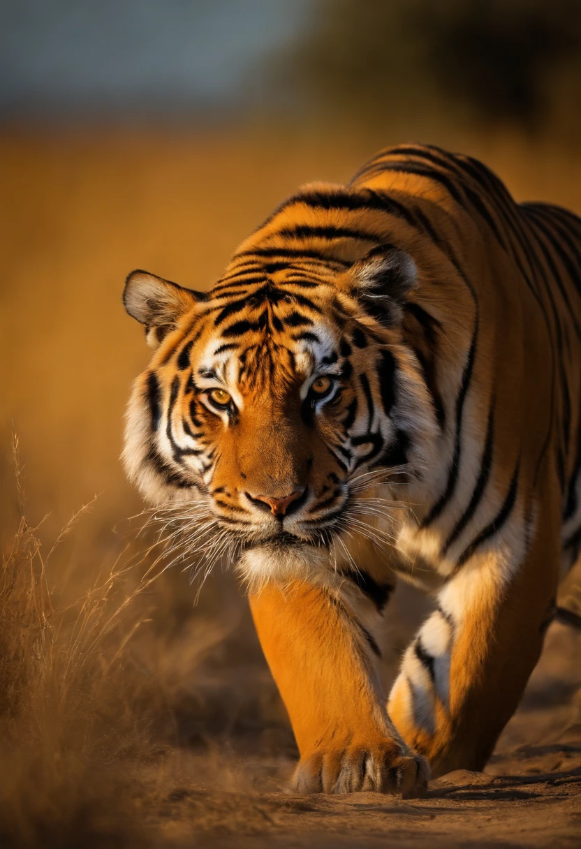 Describe a vibrant image of a tiger head in 3D, where the colors are rich and captivating. The tiger's head should look majestic and imposing, with a lush, undulating mane that extends around the head. As cores da juba devem ser uma mistura de tons de laranja, dourado e marrom, criando um contraste fascinante com o fundo. O fundo deve ser uma paisagem que evoca a savana africana, com tons de verde, yellow and blue sky at sunset, creating a stunning backdrop. The image should capture the strength and beauty of the tiger as it watches with piercing eyes. Shadows and details should give depth to the image, making it ideal for a 3D puzzle. The tiger head should be the focal point, and the image should convey a sense of majesty and serenity