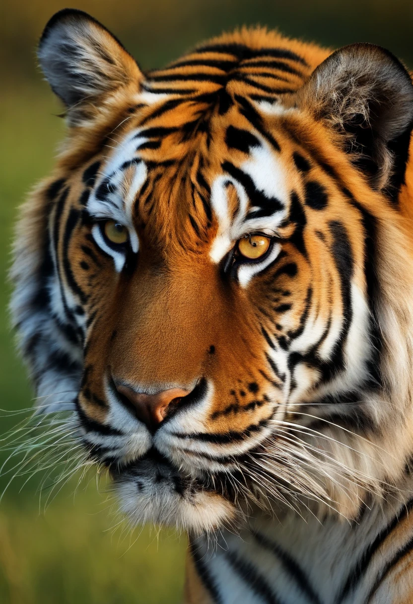 Describe a vibrant image of a tiger head in 3D, where the colors are rich and captivating. The tiger's head should look majestic and imposing, with a lush, undulating mane that extends around the head. As cores da juba devem ser uma mistura de tons de laranja, dourado e marrom, criando um contraste fascinante com o fundo. O fundo deve ser uma paisagem que evoca a savana africana, com tons de verde, yellow and blue sky at sunset, creating a stunning backdrop. The image should capture the strength and beauty of the tiger as it watches with piercing eyes. Shadows and details should give depth to the image, making it ideal for a 3D puzzle. The tiger head should be the focal point, and the image should convey a sense of majesty and serenity