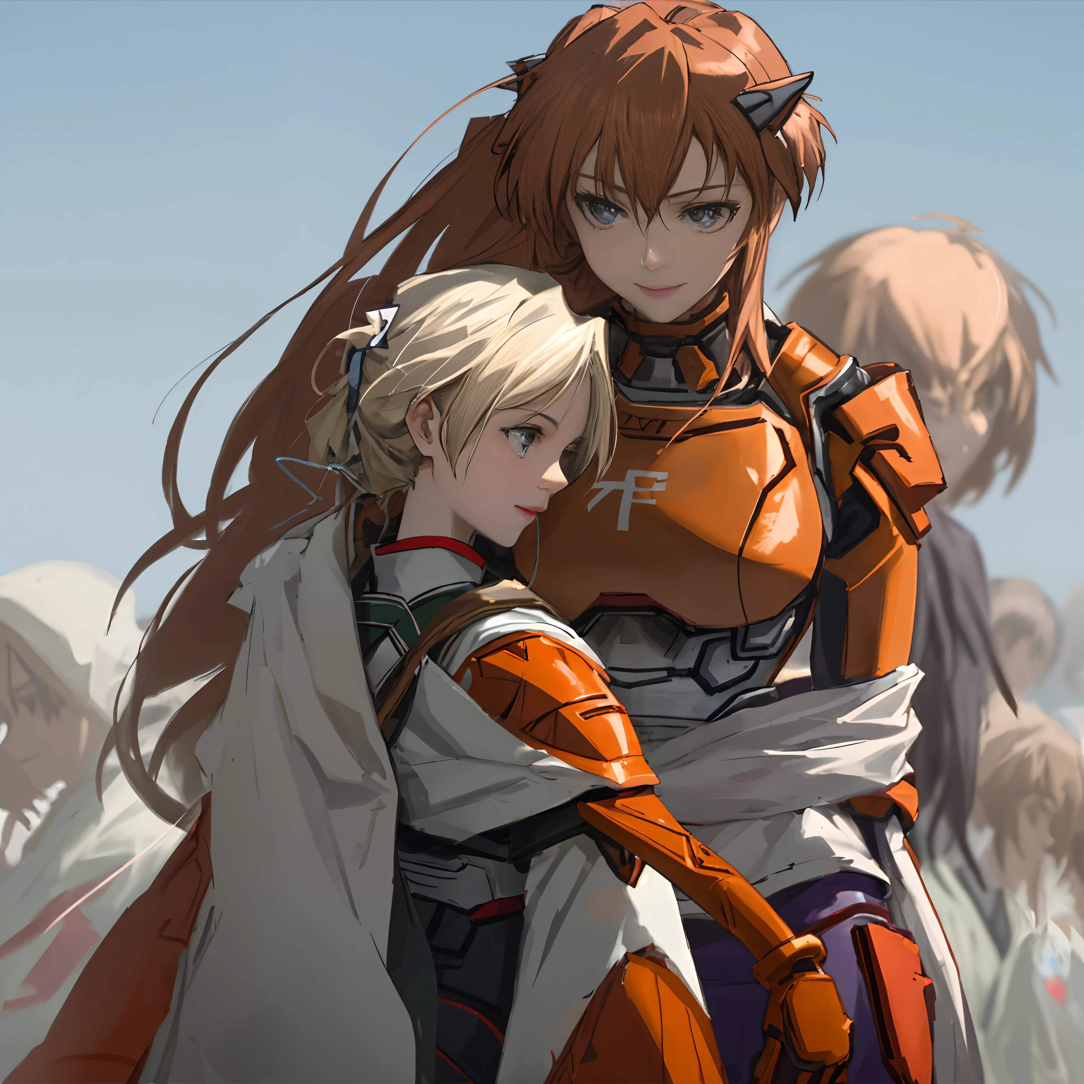 Anime characters hugging each other in front of a crowd, evangelionic illustration, cushart kenz, krenz cushart and asher duran, 2. 5 D CGI anime fantasy artwork, krenz cushart and wenjun lin, krenz cushart and artem demura, last exile anime, Spindle King Girl,Bai Yi,Large breasts,Red lips,Smile,pony tails,Realistic Asuka Naka