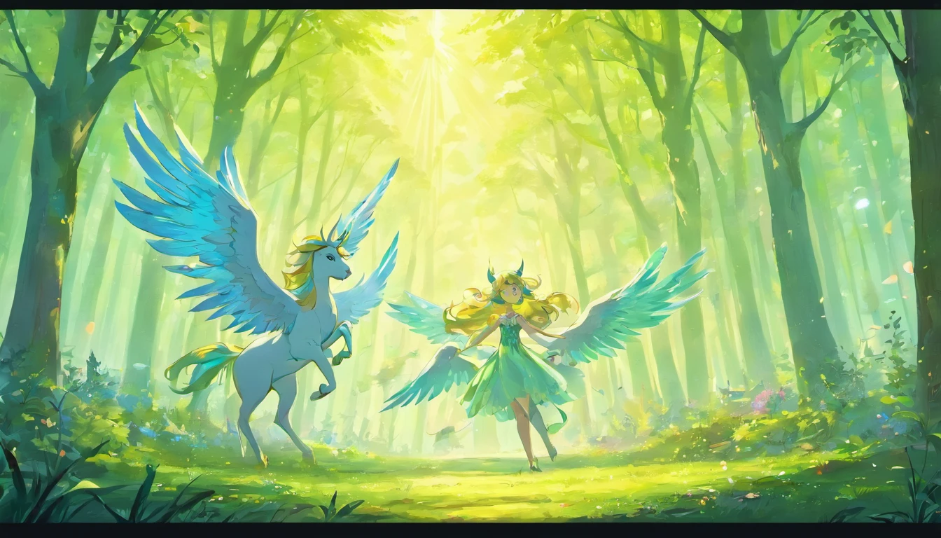 an enchanting illustration of a magical forest scene. In the foreground, depict Zoé, the winged unicorn, with her shimmering wings outstretched as she hovers gracefully in the air. Beside her, Galopin, the swift horse, should be shown sprinting with incredible speed, his hooves barely touching the ground. Nearby, Leo, the melodious bird with iridescent feathers, should be perched on a branch, singing a sweet and inviting tune. The forest should be lush with vibrant, otherworldly flora, and beams of soft, golden sunlight should filter through the emerald canopy. This image should capture the moment of unity and friendship between these three unique creatures in the heart of their enchanted forest