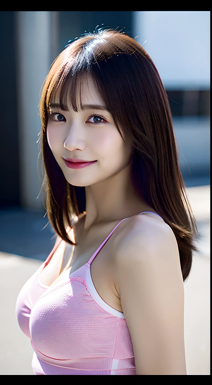 solofocus, 1girl in, (light  smile:0.8), [:(extra detailed face):0.1], Detailed eyes,// (Lucheng, Arena),// (Pink underwear, With lace, cropped shoulders, No shoulder strap), //  Black and brown hair, Long hair, Flat bangs,// Cinematic light, Ray tracing, Highqualityshadow, (absurderes, masutepiece, Realistic, Photorealistic:1.2), Perfect anatomy, Physically-based rendering, modernist, Huge breasts