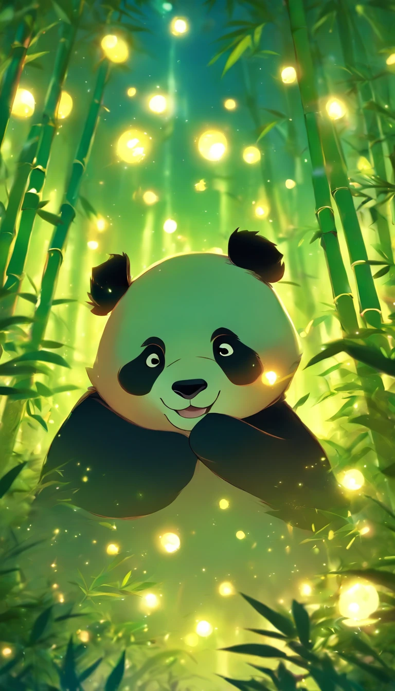 KIDS ILLUSTRATION,Silent night, Quiet bamboo forest, Bamboo leaves fall in the wind,Cute and cute giant panda,fatty, Full moon in the sky, fireflies flying,((OC rendering))