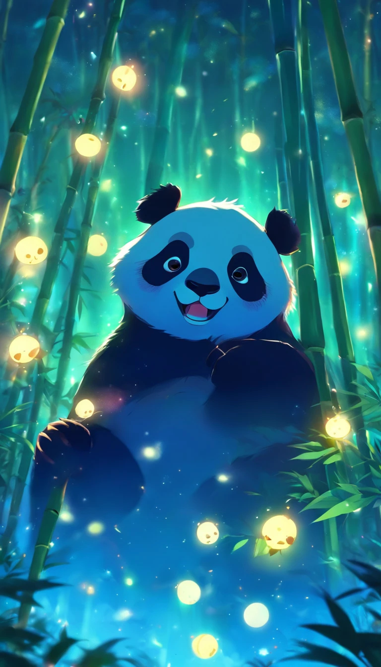 KIDS ILLUSTRATION，Silent night, Quiet bamboo forest, Bamboo leaves fall in the wind,Cute and cute giant panda，fatty， Full moon in the sky, fireflies flying，（（OC rendering））