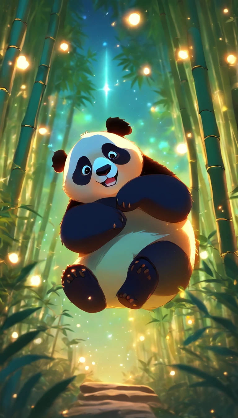 KIDS ILLUSTRATION,Silent night, Quiet bamboo forest, Bamboo leaves fall in the wind,Cute and cute giant panda,fatty, Full moon in the sky, fireflies flying,((OC rendering))