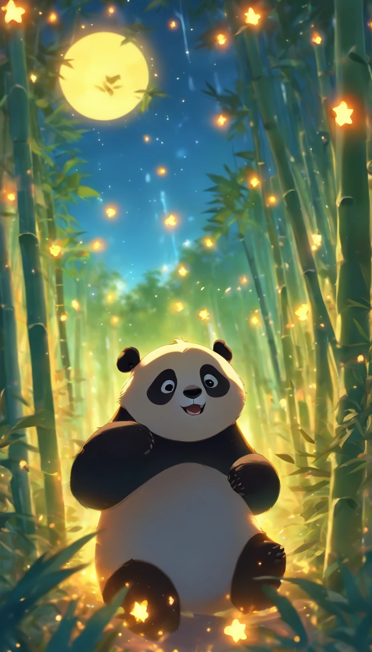 KIDS ILLUSTRATION,Silent night, Quiet bamboo forest, Bamboo leaves fall in the wind,Cute and cute giant panda,fatty, Full moon in the sky, fireflies flying,((OC rendering))