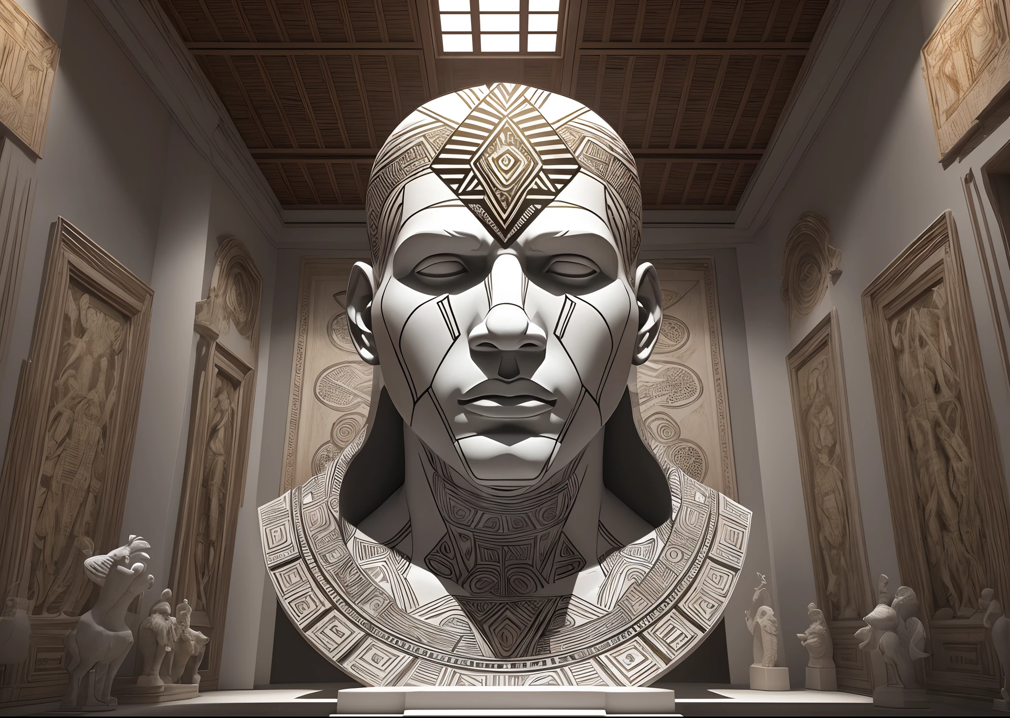 a white coloured giant African man head sculpture with african designs on it, in a white coloured African designed room full of white coloured, African sculptures and instruments, all white coloured in scene, cgsociety 9, sci-fi, with iridescent light, 32k, ultra HD, unreal engine rendered, cinematic lighting, bright and vibrant colours, photorealistic image, --auto --s2