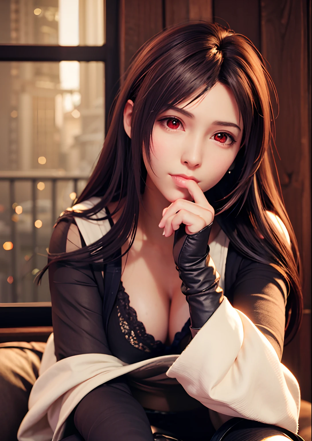 （，Be red in the face，20yr old，Long narrow eyes）（realisticlying： 1.4）， 独奏， top-quality， Very fine and beautiful， k hd， 1girll， ff Tifa_lockhart， ssmile， cowboy lens， Harnes， Low Waist， （White school uniform，Long black stockings），sitting in the couch，In the rental house，It was snowing outside the window， brunette color hair， Be red in the face，perspire，long whitr hair， gloves on the elbow， Beautiful detailed red eyes， Face light， cinmatic lighting， nabel， （： 1.0）， Old bar， The background is blurred out， Fluttering hair， Adult beauty，Eat fingers，