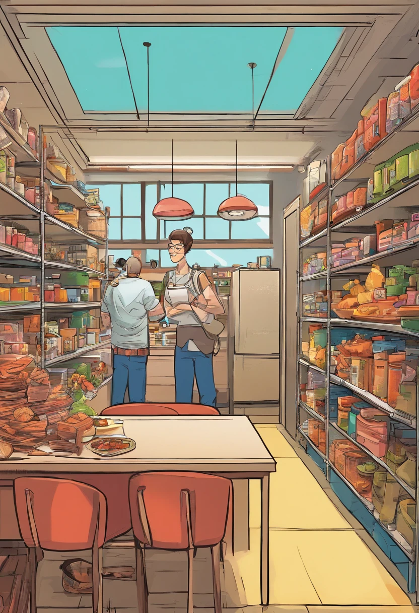 Two colleagues in the pantry，One of them was whispering，Another person listened。They sat at a long table，There were some drinks and snacks on the table。The background is a spacious office environment，There are other employees who are busy working。Both had focused expressions，As if discussing something important。