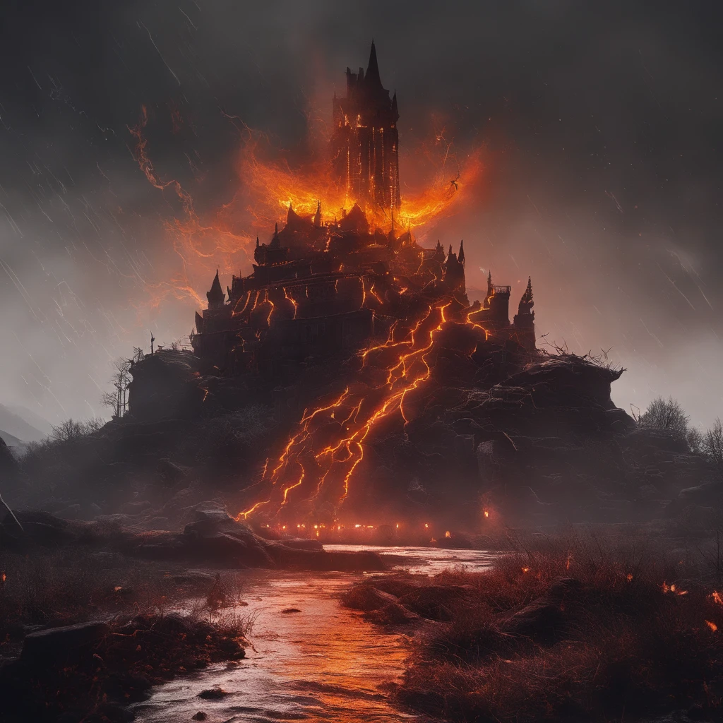 In heavy rain，（（A huge castle complex，Ancient square-topped stones burned in the fire））The picture quality is excellent，Lightning，Yellow light fog，电影灯光，Natural, Realistic colors，Full composition，The style refers to Van Gogh，Subject content，Burning wooden ancient domed stone monolith game scene 1：60 miniatures，Lightning and lightning，Agate glass texture 32K（tmasterpiece，k hd，hyper HD，32K）Long flowing bright orange hair，Autumn Pond，zydink， a color， Asian people （Kizi）， （Red scarf）， Combat posture， looking at the ground， long whitr hair， Floating bright orange， Fire cloud pattern gold tiara， Chinese long-sleeved gold silk garment， （abstract ink splash：1.2）， white backgrounid，Lotus protector（realisticlying：1.4），Bright purple hair，Smoke on the road，The background is pure， A high resolution， the detail， RAW photogr， Sharp Re， Nikon D850 Film Stock Photo by Jefferies Lee 4 Kodak Portra 400 Camera F1.6 shots, Rich colors, ultra-realistic vivid textures, Dramatic lighting, Unreal Engine Art Station Trend, cinestir 800，Long flowing bright orange hair