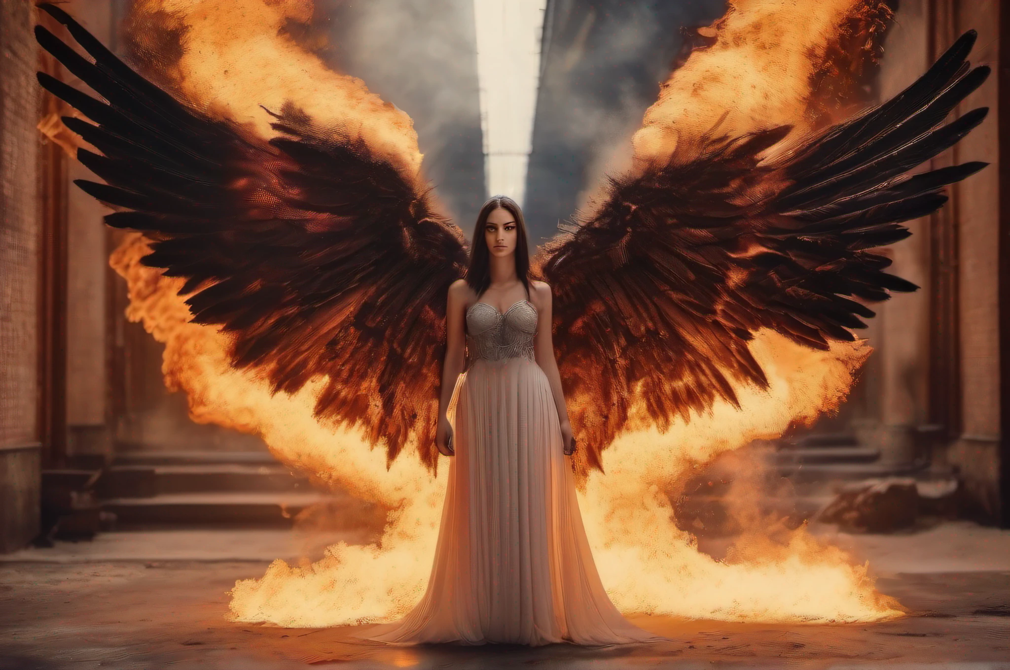 The evil fallen angel woman furiously stripped with huge wings of fire in the burning room.