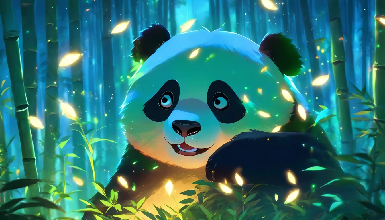 KIDS ILLUSTRATION，Silent night, Quiet bamboo forest, Bamboo leaves fall in the wind,Cute and cute giant panda，fatty， Full moon in the sky, fireflies flying，（（oc rendered））