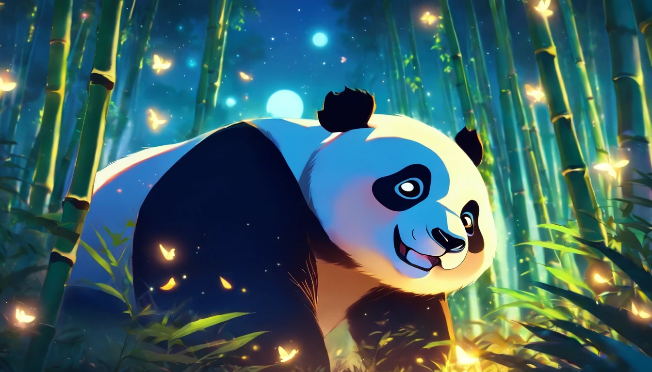 KIDS ILLUSTRATION,Silent night, Quiet bamboo forest, Bamboo leaves fall in the wind,Cute and cute giant panda,fatty, Full moon in the sky, fireflies flying,((oc rendered))