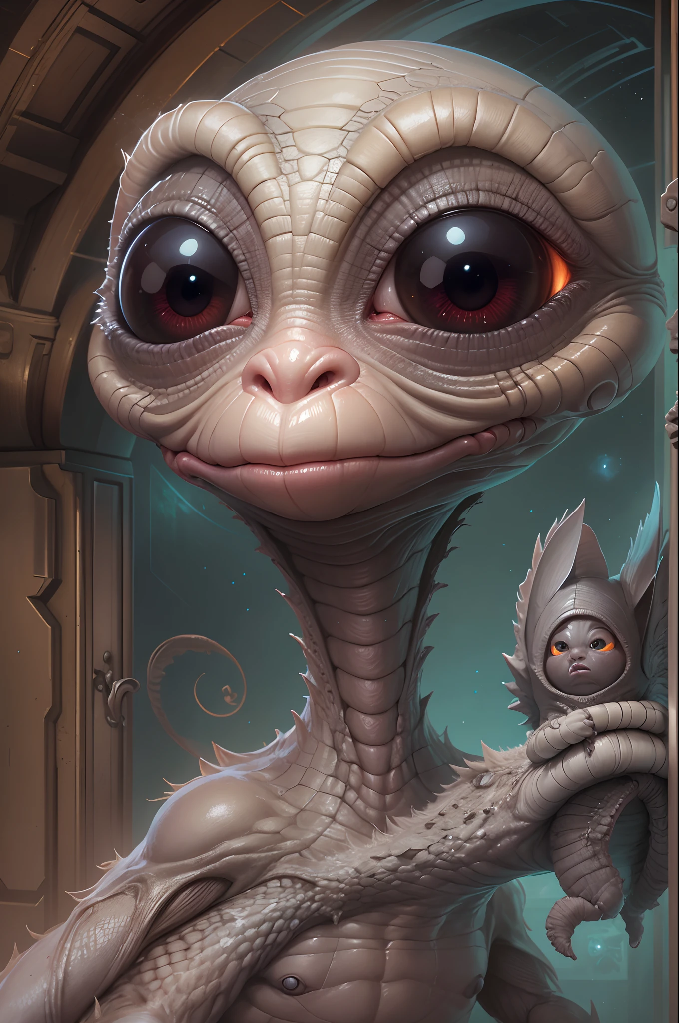 a close up of a cartoon alien holding a small light, inspired by E. T. A. Hoffmann, reptilian space alien, portrait inside oval frame, et, extraterrestrials reach for him, realistic alien, the gremlins are too high, rob mcnaughton, by Todd Lockwood, art alien, style of jim burns, grey alien, centered, portrait, digitial painting,3D character design by Mark Clairen and Pixar and Hayao Miyazaki and Akira Toriyama,4K HD illustration,Very detailed facial features and cartoon-style visual