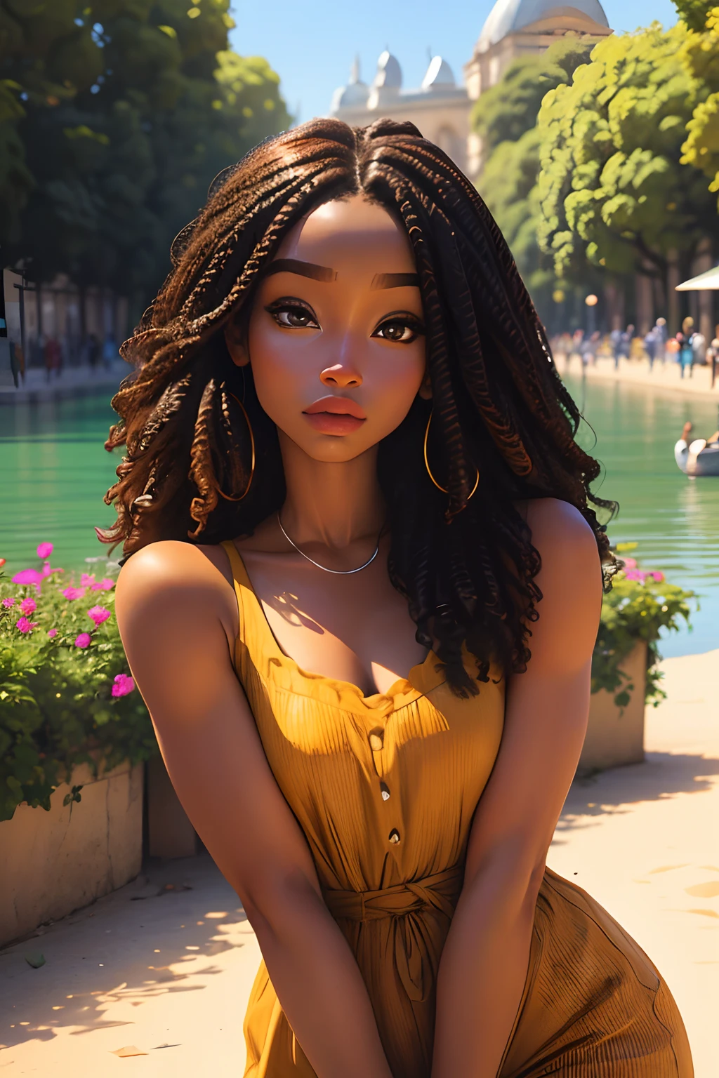 uma africana africana pele marrom escura:5, olhos verdes cintilantes:2, pose pra foto, estilo Rapunzel, Paris:5, parque, mega hair cabelos longos4, flores, imagem intrigante, cores vividas, vestido longo florido, sapatos brancos, imagem limpa, alta qualidade, nitidez, Sharp imagem, rosto de modelo, 8k, imagem profissional, iso100, lago, blue skies, moda atual, muito detalhado, altamente rosto 8k detalhado, formato de rosto perfeito, fleshy and perfect lips, nariz perfeito, olhos lindos e corretos, observador, vestido de noiva: 3,45, flores de cabelo, obra-prima, melhor qualidade, solteiro, jeans, sozinho, Advanced Digital Chibi