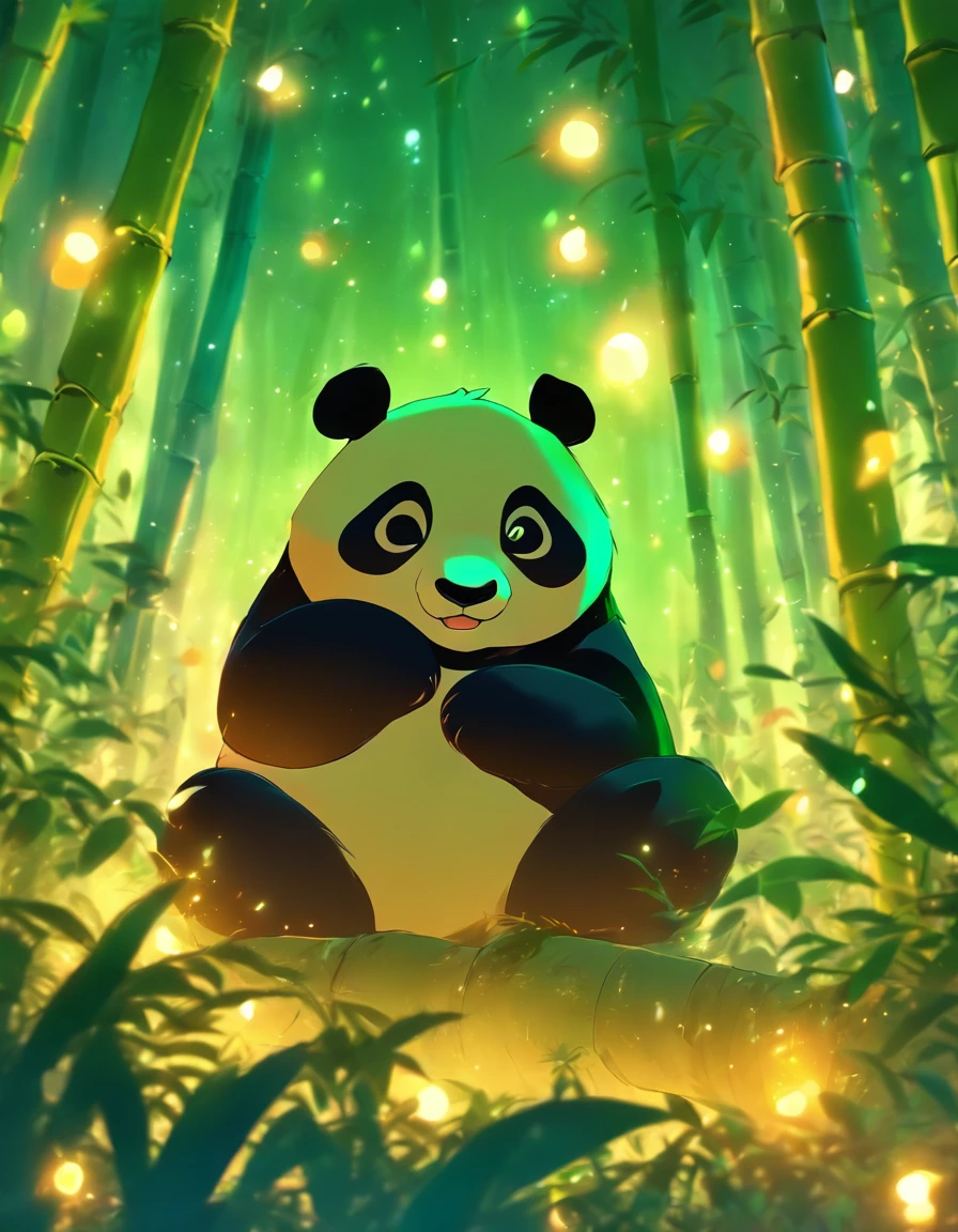 KIDS ILLUSTRATION,Silent night, Quiet bamboo forest, Bamboo leaves fall in the wind,Cute and cute giant panda,fatty, Full moon in the sky, fireflies flying,((oc rendered))