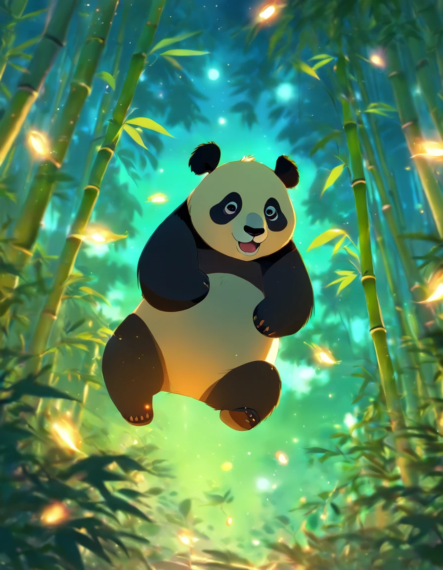 KIDS ILLUSTRATION,Silent night, Quiet bamboo forest, Bamboo leaves fall in the wind,Cute and cute giant panda,fatty, Full moon in the sky, fireflies flying,((oc rendered))