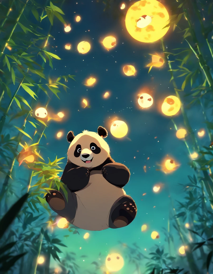 KIDS ILLUSTRATION,Silent night, Quiet bamboo forest, Bamboo leaves fall in the wind,Cute and cute giant panda,fatty, Full moon in the sky, fireflies flying,((oc rendered))