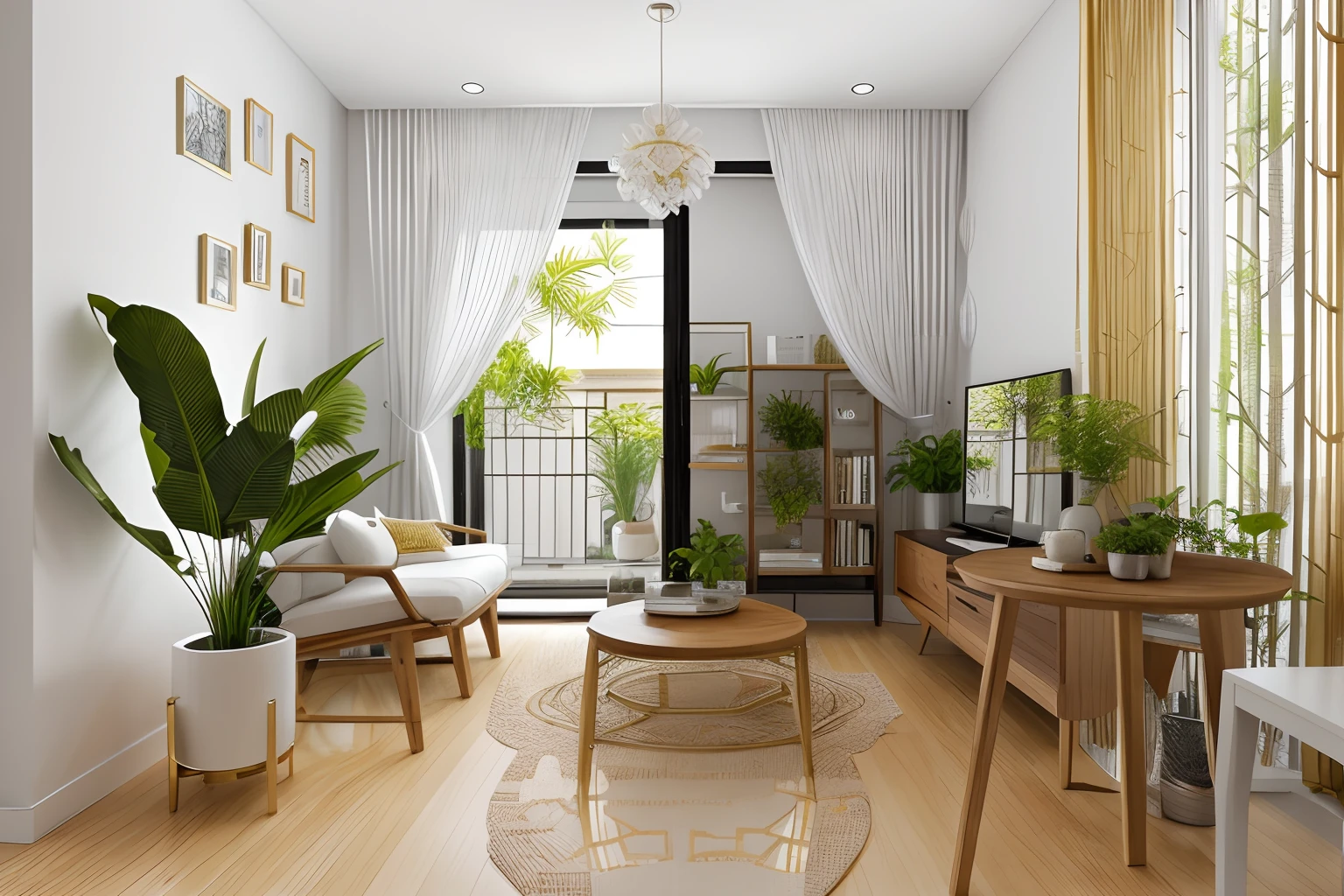 a modern living room with a balcony.
The living room has a white tiled floor and white walls.
The room is decorated with a variety of plants, including a large banana plant in the corner.
The furniture includes a wooden coffee table, a wooden side table, and a white armchair with a wooden frame.
The balcony has a green rug and a white table with two chairs.
The curtains are gold and the light fixture is a modern chandelier.
The walls are decorated with a variety of framed pictures.