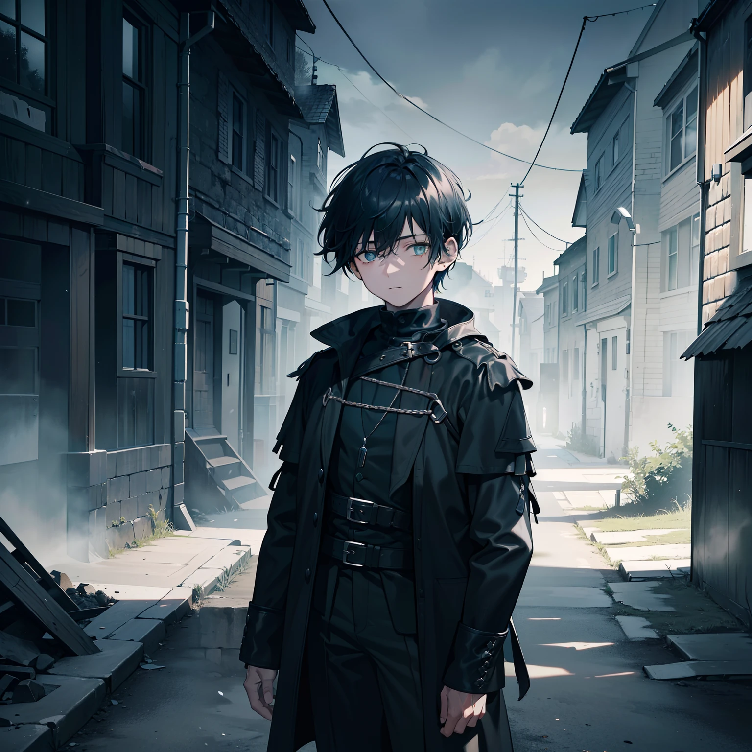 (highres, ultra-detailed, realistic:1.37), young boy with dark blue hair, emo fringe, piercing green eyes, black rag clothes, black fur clothing, wearing a medieval-style outfit. The boy stands among a dark and mysterious backdrop, with old and rustic buildings in the background. His clothes are torn and tattered, adding to the rugged and worn aesthetic. The lighting is dim and low, casting eerie shadows on the boy and the surroundings. The color palette consists of deep and rich tones of blue, black, and grey, enhancing the dark and medieval atmosphere.