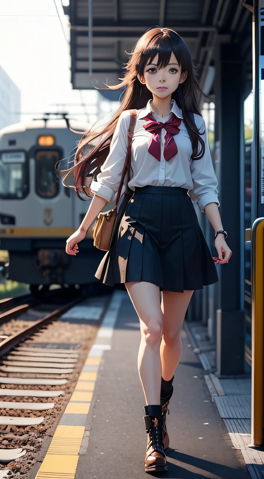 Anime girl with long hair walking on train platform, Kantai collection style, railgun, konpeki no kantai, kantai collection arcade, kancolle, Makoto shinkai style, anime visual of a cute girl, makoto shinkai art style, Beautiful Anime High Girls, style of anime4 K, Official artwork, Shinkai sincerely
