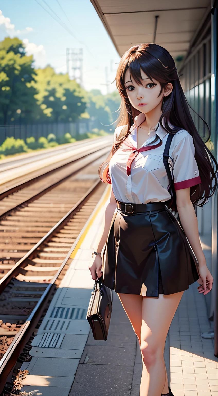 Anime girl with long hair walking on train platform, Kantai collection style, railgun, konpeki no kantai, kantai collection arcade, kancolle, Makoto shinkai style, anime visual of a cute girl, makoto shinkai art style, Beautiful Anime High School Girls, style of anime4 K, Official artwork, Shinkai sincerely
