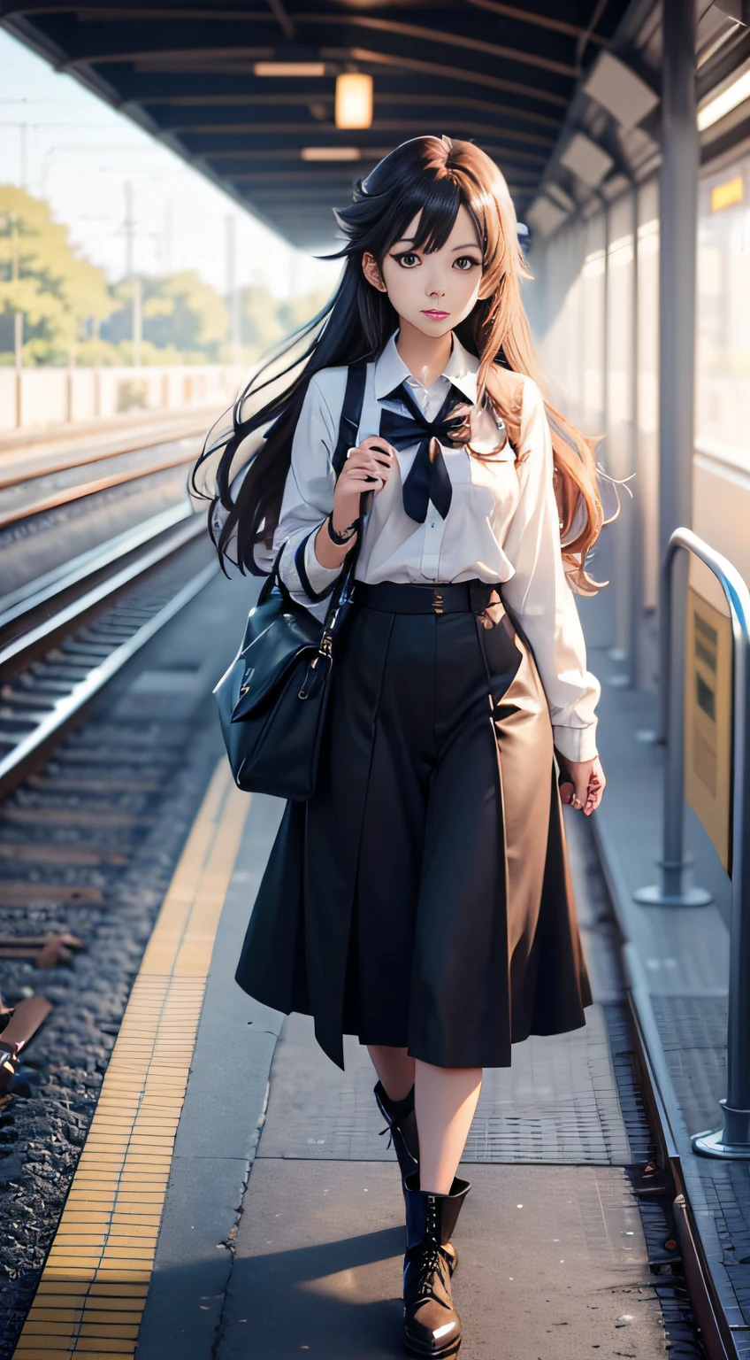Anime girl with long hair walking on train platform, Kantai collection style, railgun, konpeki no kantai, kantai collection arcade, kancolle, Makoto shinkai style, anime visual of a cute girl, makoto shinkai art style, Beautiful Anime High Girls, style of anime4 K, Official artwork, Shinkai sincerely