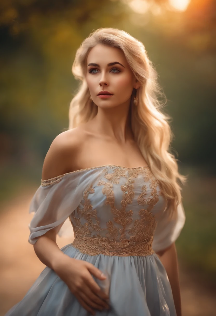 Blonde realistic girl, 4k, in a dress, normal angle, outdoor