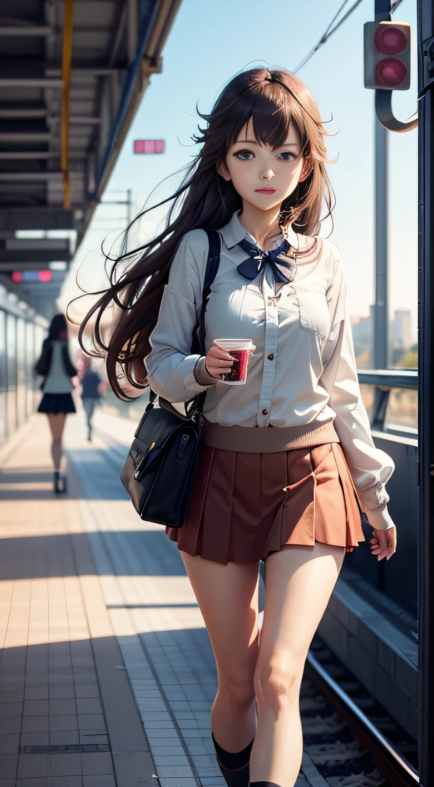 Anime girl with long hair walking on train platform, Kantai collection style, railgun, konpeki no kantai, kantai collection arcade, kancolle, Makoto shinkai style, anime visual of a cute girl, makoto shinkai art style, Beautiful Anime High School Girls, style of anime4 K, Official artwork, Shinkai sincerely