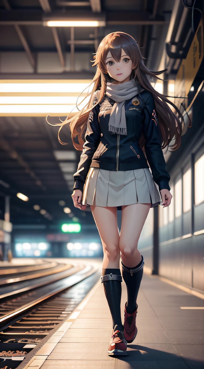 Anime girl with long hair walking on train platform, Kantai collection style, railgun, konpeki no kantai, kantai collection arcade, kancolle, Makoto shinkai style, anime visual of a cute girl, makoto shinkai art style, Beautiful Anime High School Girls, style of anime4 K, Official artwork, Shinkai sincerely