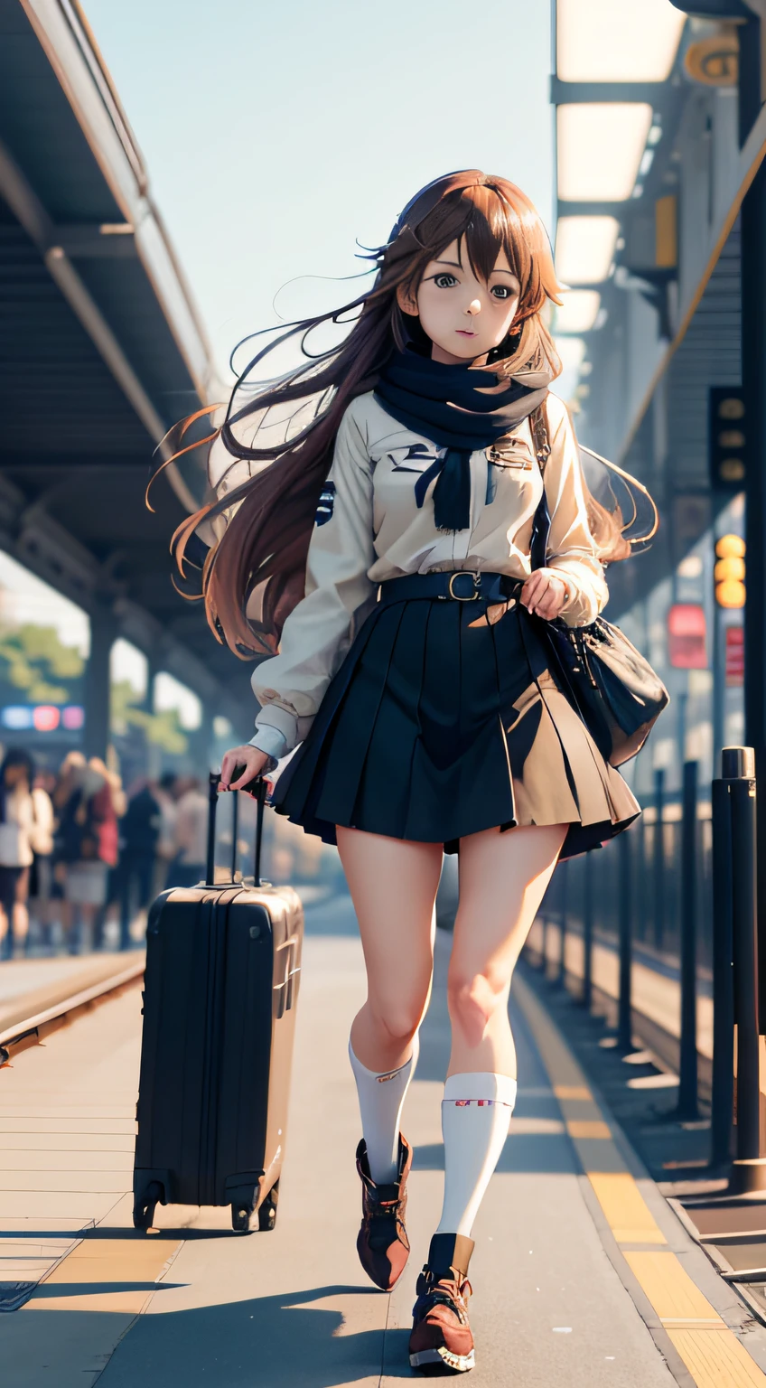 Anime girl with long hair walking on train platform, Kantai collection style, railgun, konpeki no kantai, kantai collection arcade, kancolle, Makoto shinkai style, anime visual of a cute girl, makoto shinkai art style, Beautiful Anime High School Girls, style of anime4 K, Official artwork, Shinkai sincerely