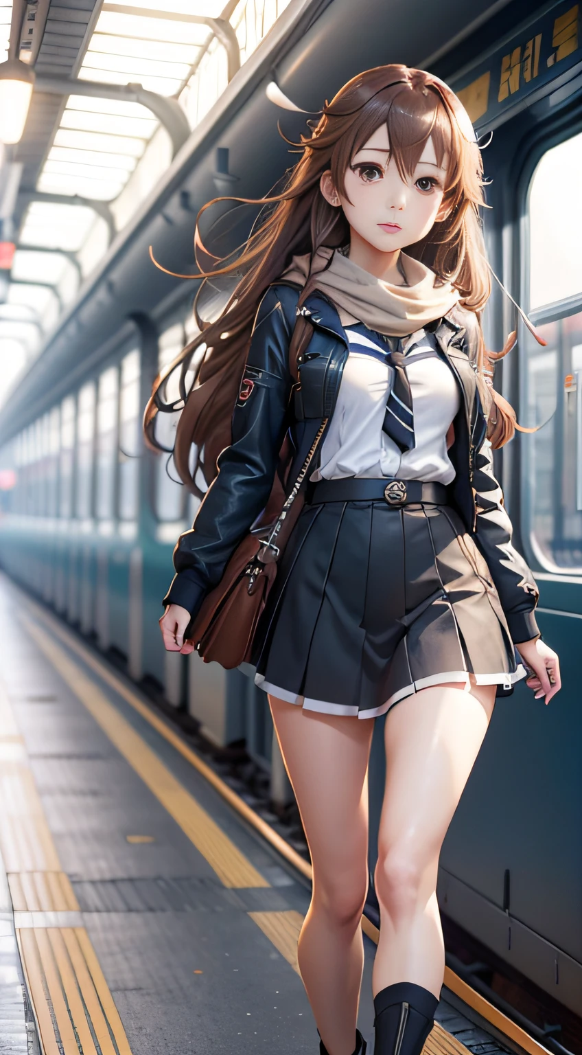 Anime girl with long hair walking on train platform, Kantai collection style, railgun, konpeki no kantai, kantai collection arcade, kancolle, Makoto shinkai style, anime visual of a cute girl, makoto shinkai art style, Beautiful Anime High School Girls, style of anime4 K, Official artwork, Shinkai sincerely