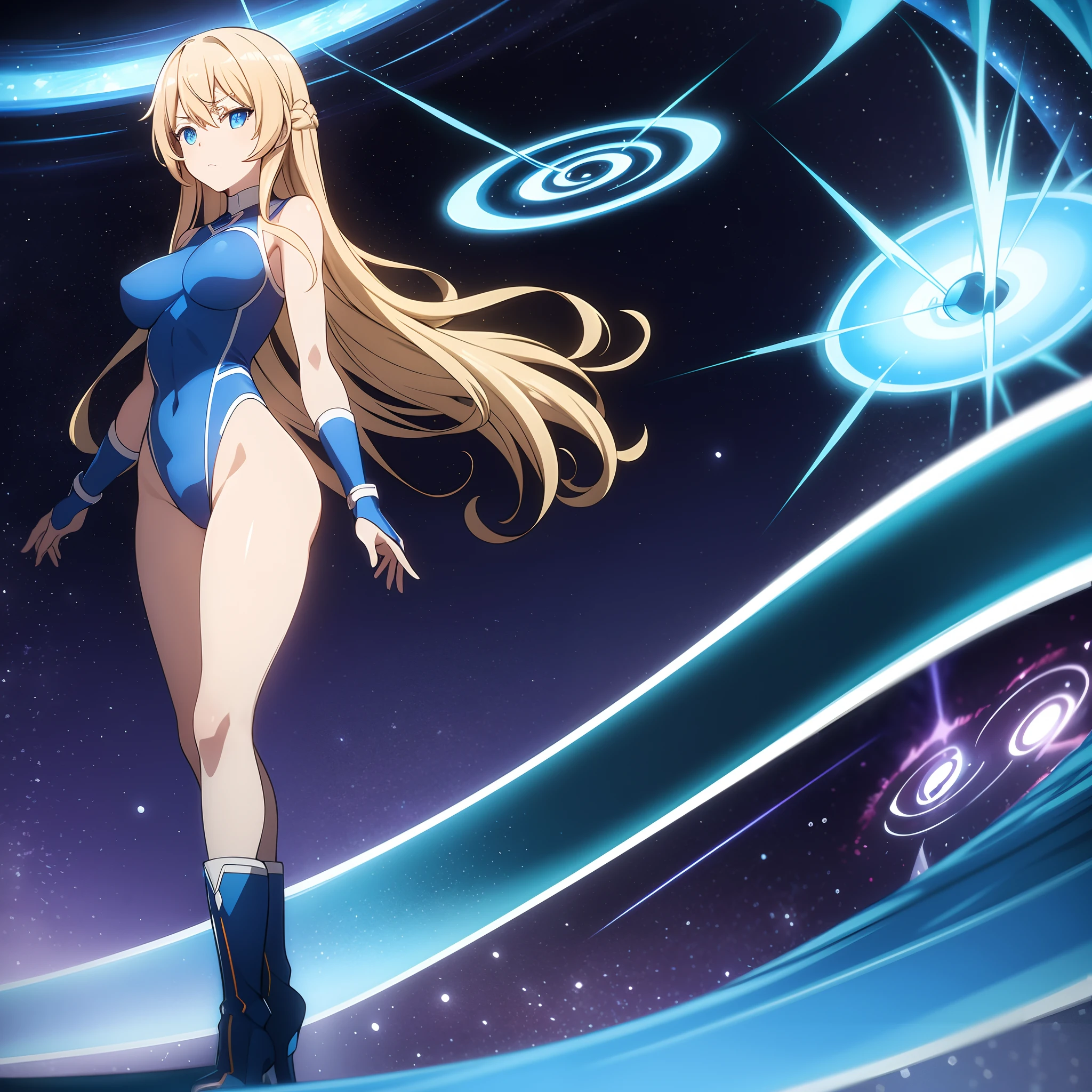 masterpiece, best quality, highres, 1girl, solo, superhero, leotard, bare legs, boots, matching boots, aura, blue aura, sleeveless, gloves, bracelets, matching gloves, looking at viewer, light particles, space backdrop, perfect hands, perfect eyes, powering up, perfect leotard, perfect legs, perfect arms, perfect fingers, blue and white leotard, blonde hair, blue eyes, medium breasts, long hair, spinning, tornado spin, whirlwind spin, wind particles, light swirls, tornado, hurricane spin, time travel, tornado winds, cyclone spin, standing,