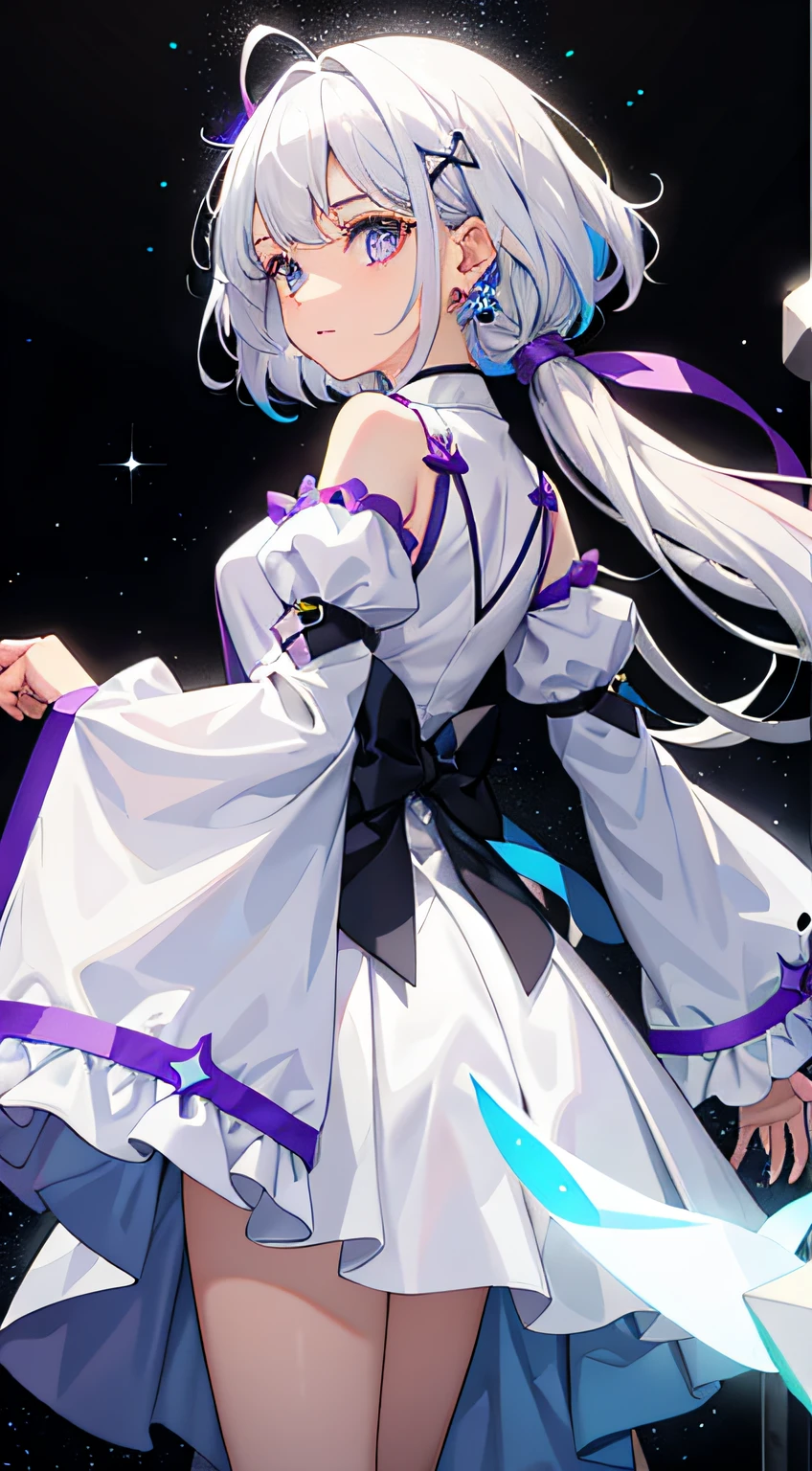 1girl in、White hair、O cabelo multicolorido、Purple、Particles of light、Star Piercing、cute little、Light blue dress clothes、The upper part of the body、facing front