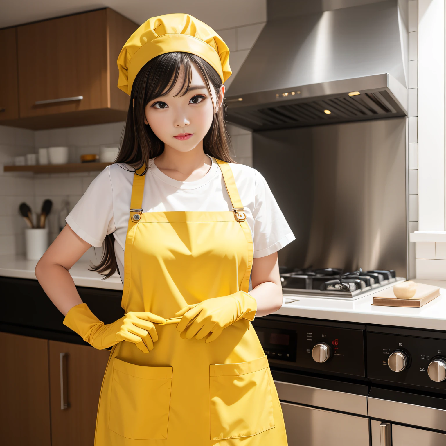 A woman wearing an apron and yellow rubber gloves holds the goods,Facing range hoods。