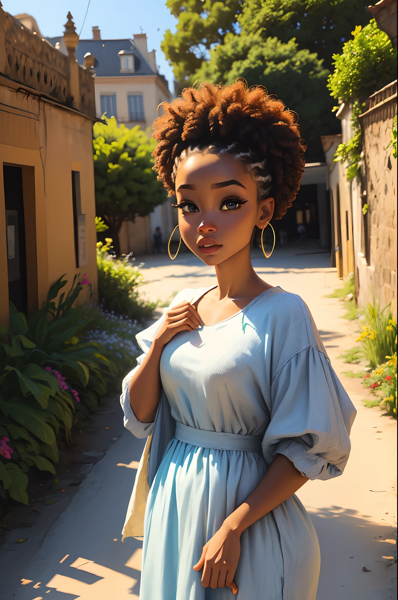 uma menina africana africana pele marrom escura:5, olhos verdes cintilantes:2, pose pra foto, estilo Rapunzel, Paris:5, parque, mega hair cabelos longos4, flores, imagem intrigante, cores vividas, vestido longo florido, sapatos brancos, imagem limpa, alta qualidade, nitidez, Sharp imagem, rosto de modelo, 8k, imagem profissional, iso100, lago, blue skies, moda atual, muito detalhado, altamente rosto 8k detalhado, formato de rosto perfeito, fleshy and perfect lips, nariz perfeito, olhos lindos e corretos, observador, vestido de noiva: 3,45, flores de cabelo, obra-prima, melhor qualidade, solteiro, jeans, sozinho, Advanced Digital Chibi