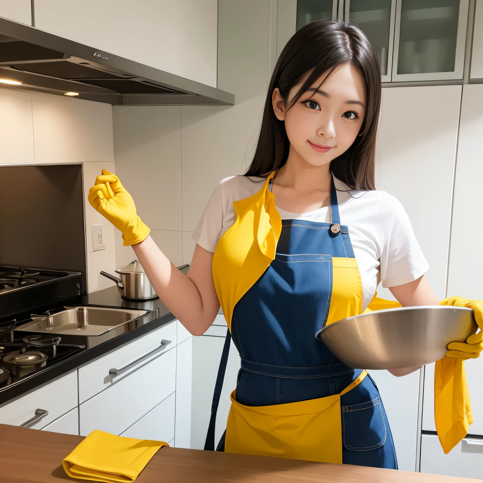 A woman wearing an apron and yellow rubber gloves holds the goods,Facing range hoods。