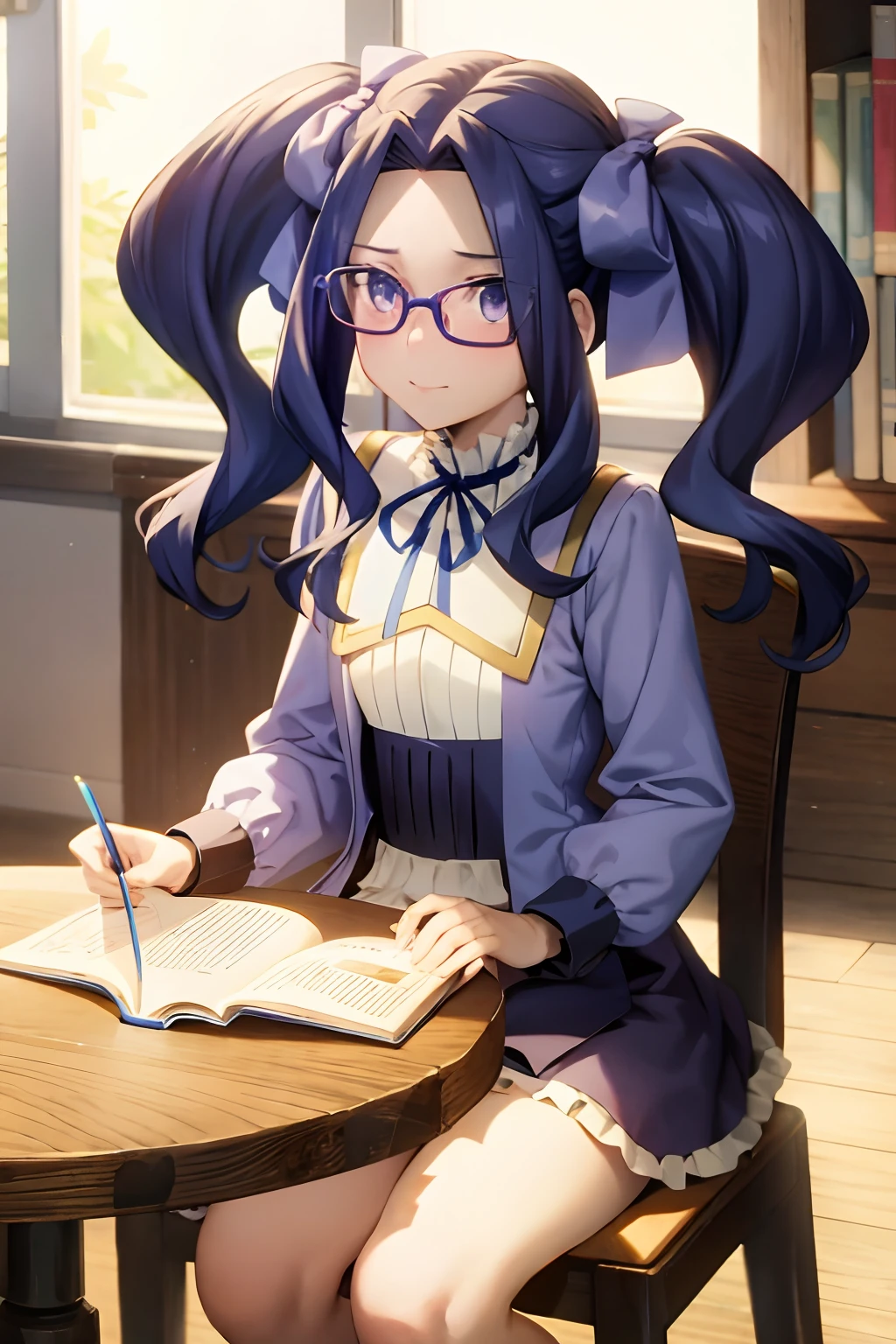 melty, 1girl, blue eyes, eyes, visible through the hair, hair intake, Bangs, purple hair, Bangs, forehead, extra very long hair, twintails, Parted bangs, sitting at a table, Hair Bow, hair ribbon, Dress, long sleeves, blue dress, neck ribbon, Indoors, in library, looks at the viewer, slightly raised glasses, One book on the table, slight smile, Camera Position 3/4, Hands-free,