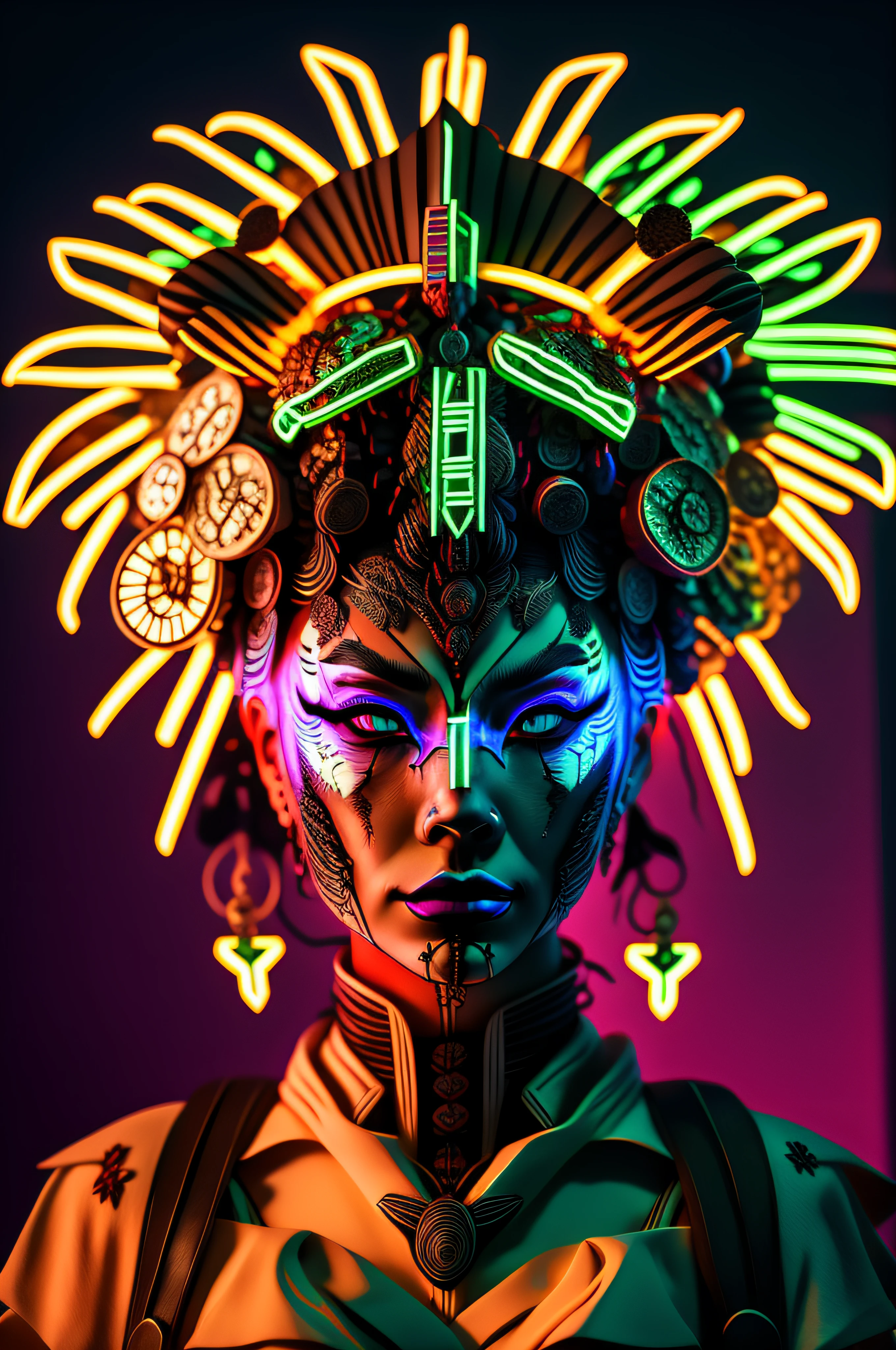 a woman with a neon makeup and headdress , transgressive art,  sharp focus, 8 k, octane render ,  saturated colors, pastel colors