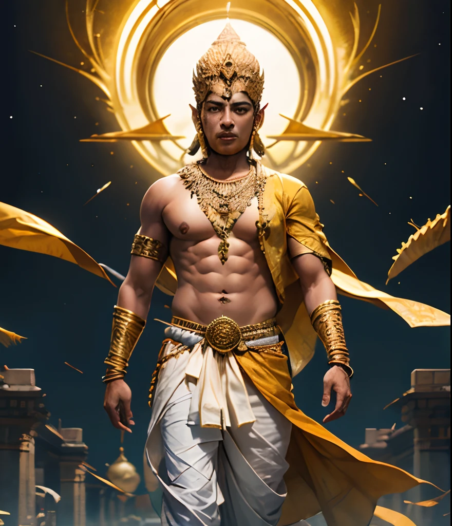 Black colour robust money man wearing white dhoti and golden chain, golden rod in hand, looking like hindu god, golden fort in background,
