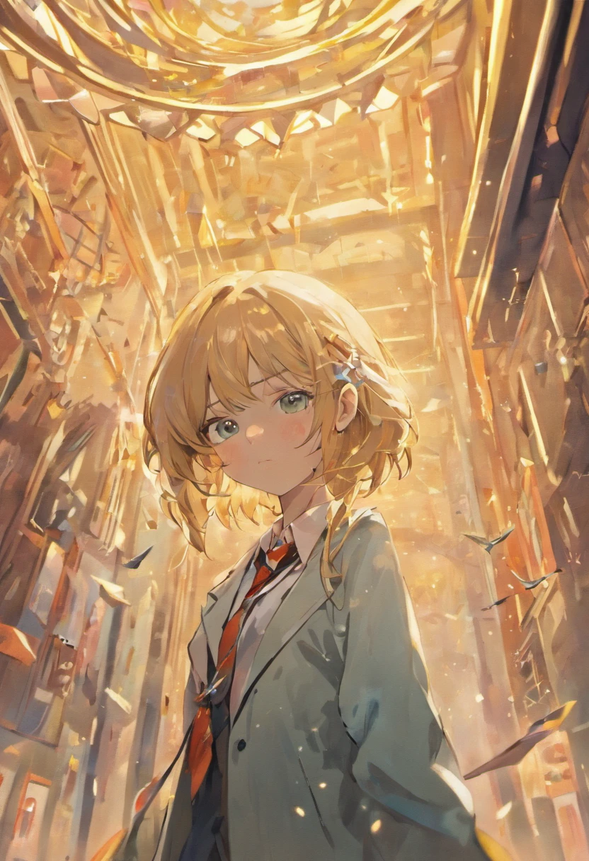 (((Masterpiece))),(((best qualtiy))),((Ultra-detailed)),(illustration),((anextremelydelicateandbeautiful)),dynamic angle,Floating,(beatiful detailed eyes),(detailedlight) (1girll), Solo,Long hair,lightblue hair,side pony tail,White coat,Black shirt,red necktie,Gold eyes