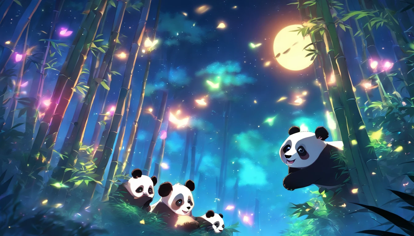 KIDS ILLUSTRATION，Silent night, Quiet bamboo forest, Bamboo leaves fall in the wind,Cute and cute giant panda cubs，fatty， Full moon in the sky, fireflies flying，（（oc rendered））