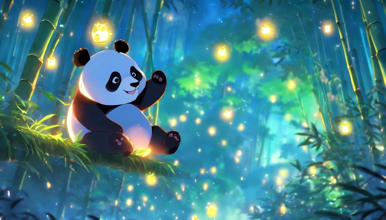 KIDS ILLUSTRATION,Silent night, Quiet bamboo forest, Bamboo leaves fall in the wind,Cute and cute giant panda cubs,fatty, Full moon in the sky, fireflies flying,((oc rendered))