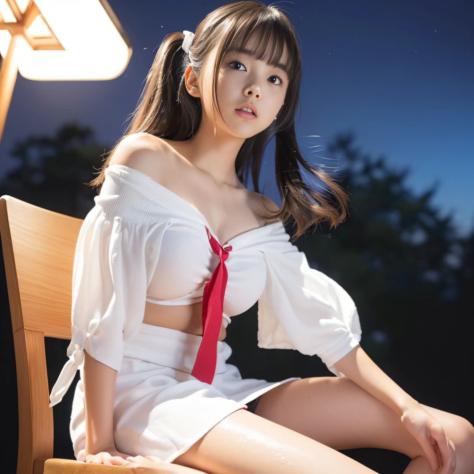 (low angle shot、Low position、:1.5)、(masterpiece、top-quality:1.3)、(Ultra detailed 8K cg:1.2)、(A hyper-realistic:1.35)、( Large white liquid splatters on the face and body、White liquid:1.3)、twintails hairstyle、cute panty、very big boobs、Gigant Chest、(A slender、skiny、long legged、Thin leg:1.2)、cleavage cutout、twogirls、(Girls' High School Uniform、off shoulders、a miniskirt、Chest wide open、Deep Down Blouse、Ribbon Ties:1.4)、(Facing the front、Shot from the front of the body、Very open legs、She is pulling up her skirt herself、You can see realistic white panties、low-rise panty、pantyshot:1.ung Face、Lori、Lolicrinning expression、(Hinoki bath at night、Chest close、Sitting with legs open so that panties are visible、Sit with your legs open on a chair:1.3) 、Lots of girls、All 13 years e schoolgirl Japan、Young Junior Idol、