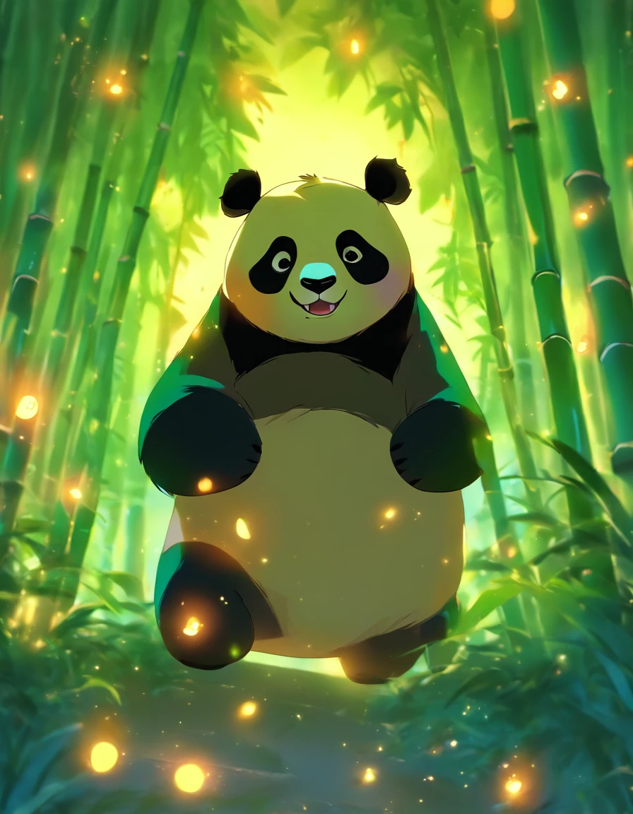 KIDS ILLUSTRATION,Silent night, Quiet bamboo forest, Bamboo leaves fall in the wind,Cute and cute giant panda,fatty, Full moon in the sky, fireflies flying,((oc rendered))