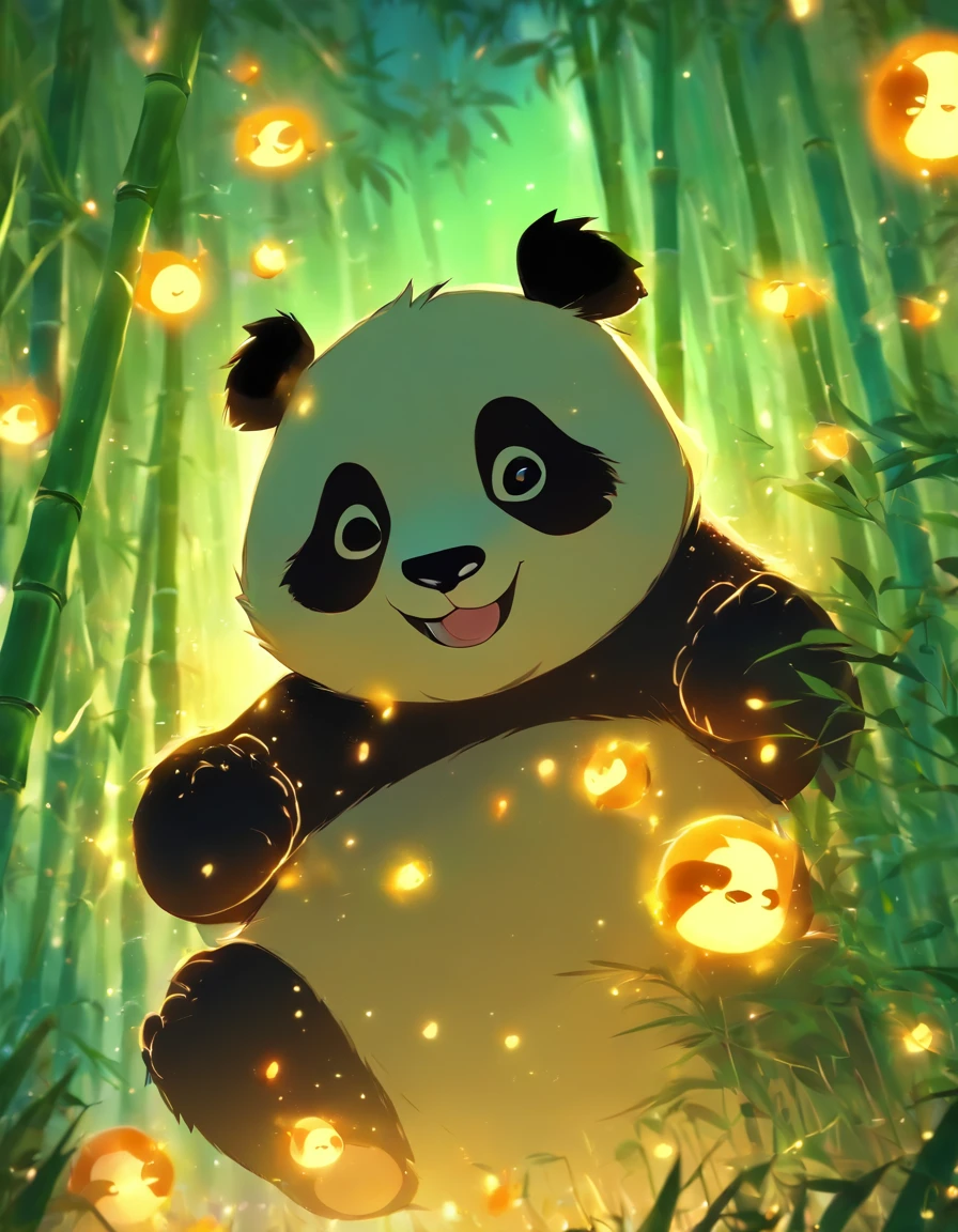 KIDS ILLUSTRATION，Silent night, Quiet bamboo forest, Bamboo leaves fall in the wind,Cute and cute giant panda，fatty， Full moon in the sky, fireflies flying，（（oc rendered））