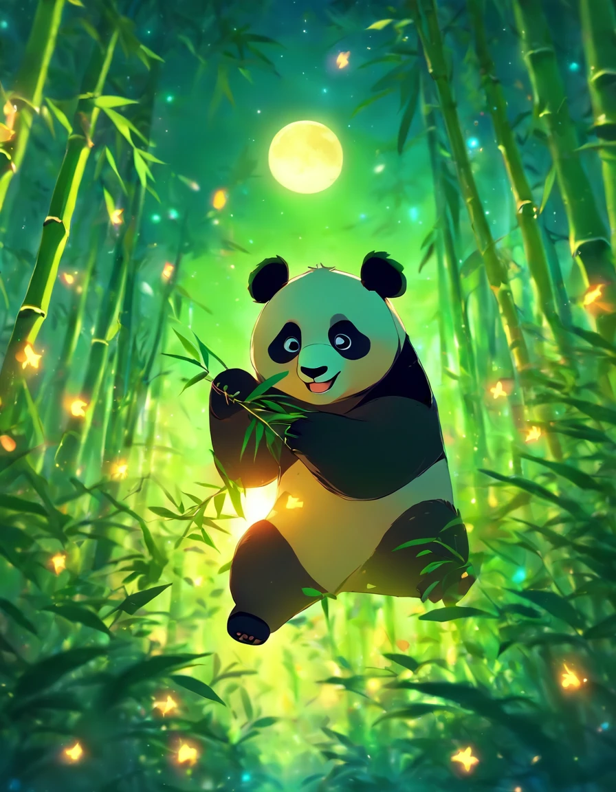 KIDS ILLUSTRATION，Silent night, Quiet bamboo forest, Bamboo leaves fall in the wind,Cute and cute giant panda，fatty， Full moon in the sky, fireflies flying，（（oc rendered））