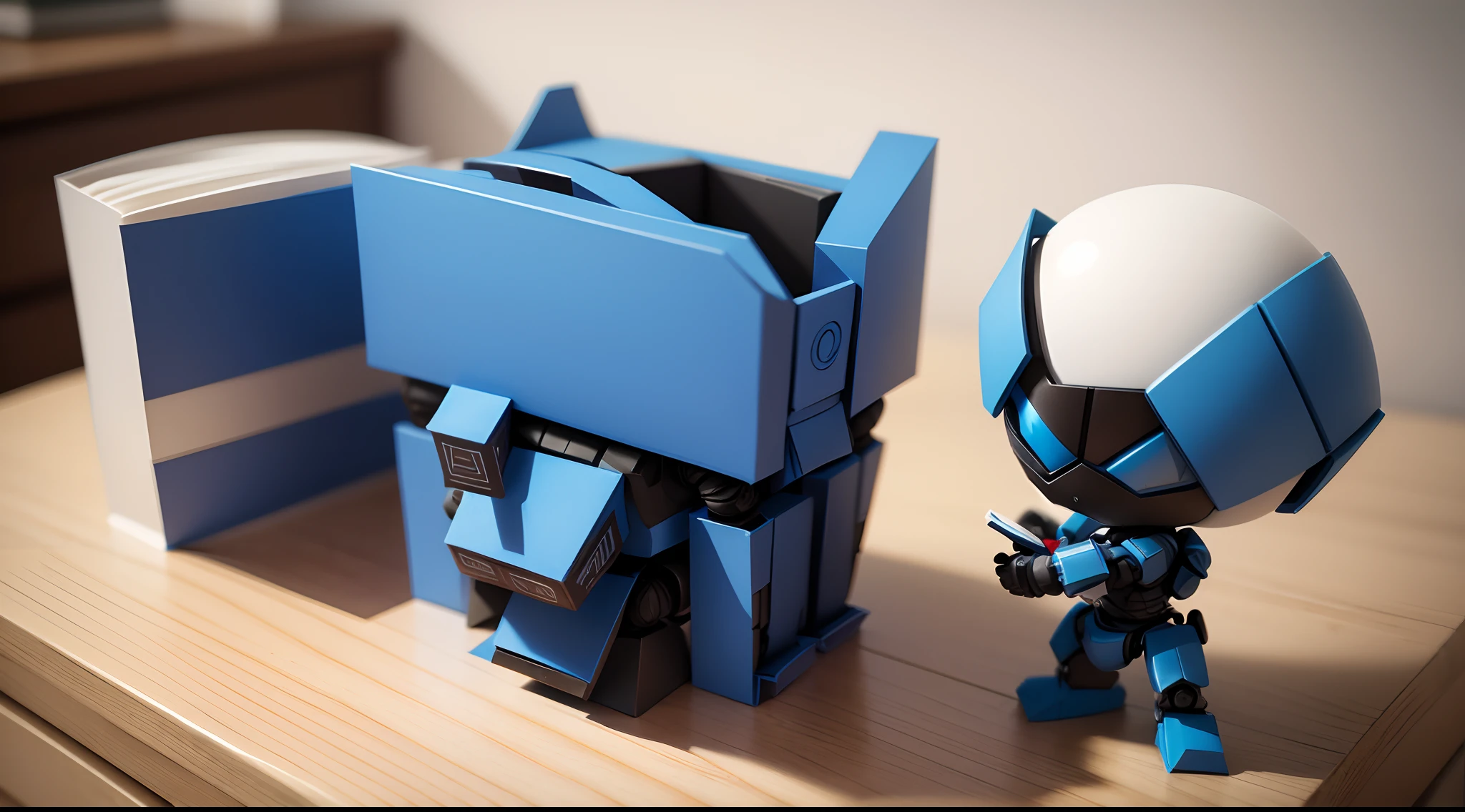 Create a small 3d blue color robot, minimalista, cartonizado, carismatico, lendo um livro