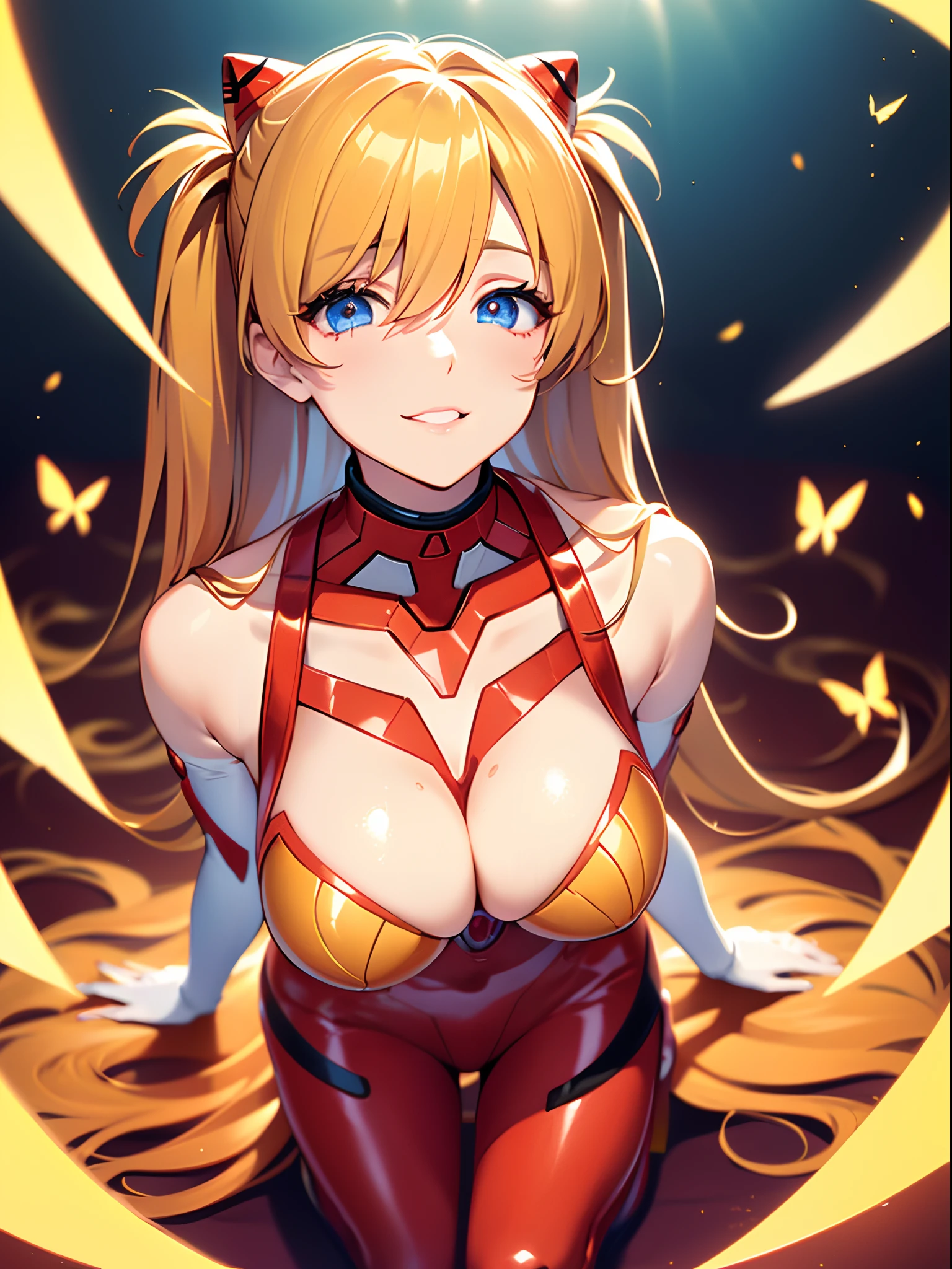 ((souryuu asuka langley,headgear,white skater dress,Blonde,side twintails)),(Glowing eyes:1.233), diffuse reflection, high-profile, majestic,(cunning smile,blushing,adorable face,bishoujo,kawaii,)(Beautiful and detailed eyes:1.3),1girl,Solo,(Masterpiece,Best quality, offcial art,Target the audience, Beautiful and aesthetic:1.2),(超高分辨率,Golden ratio), (4K),(looking from above),necklace,a girl is holding oil paper umbrella,kneeling,Floating hair, (((butterfly mountain))),(photo maping, Physically-based rendering,automatic white balance),Amazing,Sharp focus,(((holographic))), (((high detailed skin,)))Dynamic lighting,Intricately detailed clothing,Watery eyes,(masterpiece sidelighting),(busty,a beauty girl,The sheen),[[Delicate fingers and hands:0.55]::0.85],(Detail fingers),((((BREAK,Design an image with a fisheye lens effect, capturing a wide field of view with a distinctive, curved perspective.BREAK,)))Superior photographic quality,((extremely_Detailed_Eyes_and_face)),(Disheveled hair),Movie girl,
